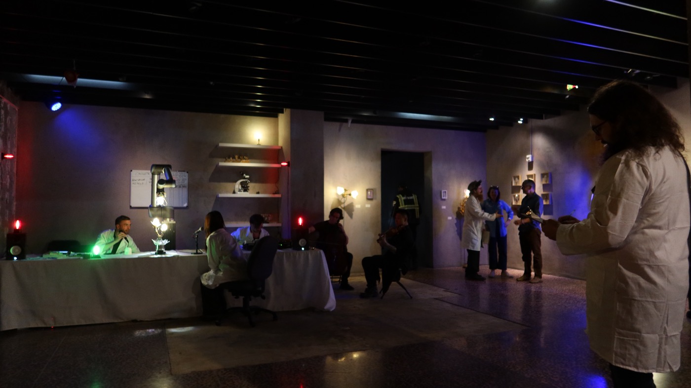 Performance with lab coats and mixed media